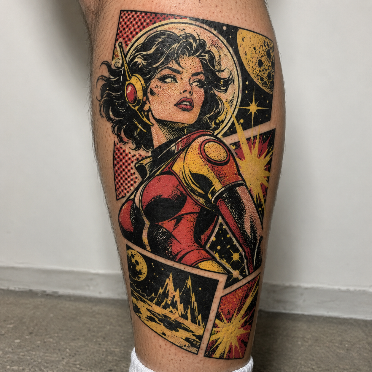 Tatuaje a color estilo cómic de heroína espacial original